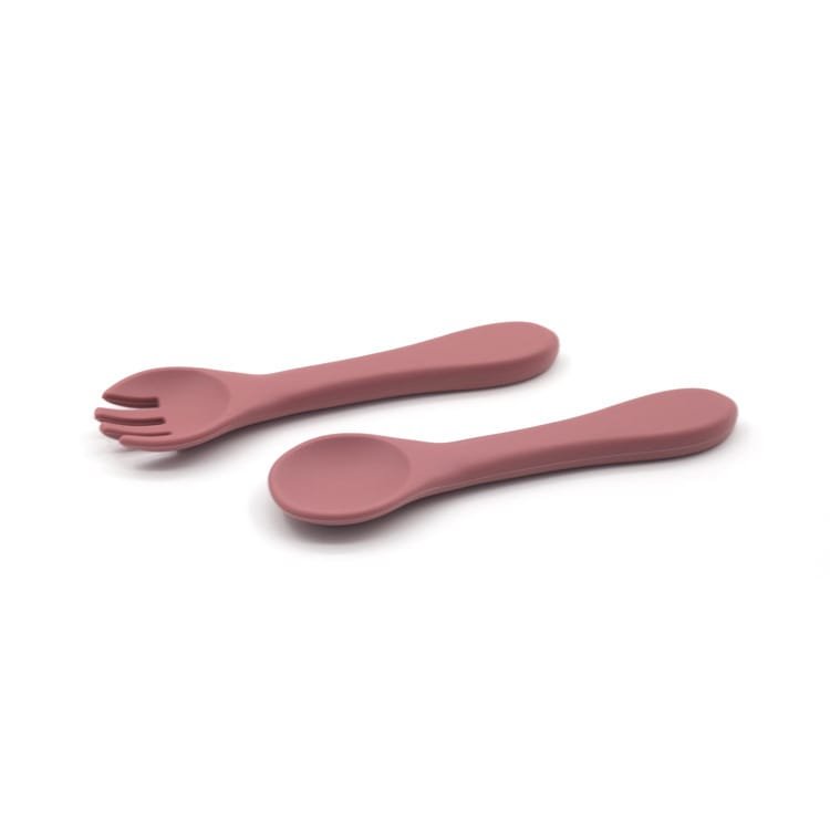 Silica-Gel-Spoon-and-Fork-Set-Kids-Tableware-Spoon-BPA-FREE-Silicone-Rose-Color