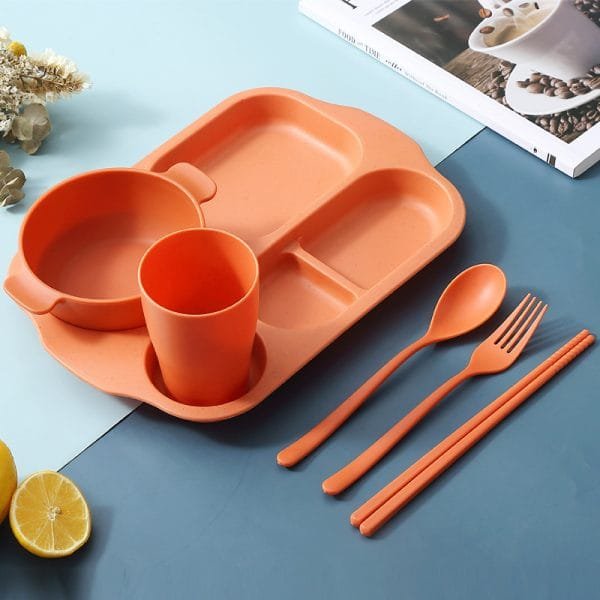 kids-bowl-spoon-6-pcs-set-with-rice-plate-water-cup-and-spoon-set-orange-set