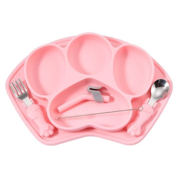 highly-silicone-glue-feeding-dish-spoon-straw-infant-eating-training-pink