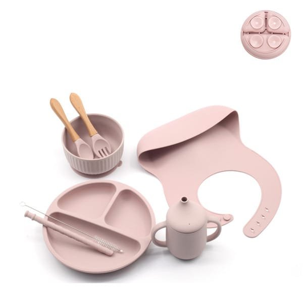 scandibite-silicone-dinner-set-with-children-s-eating-bib-8pcs-set-special-edition-leather-pink-color