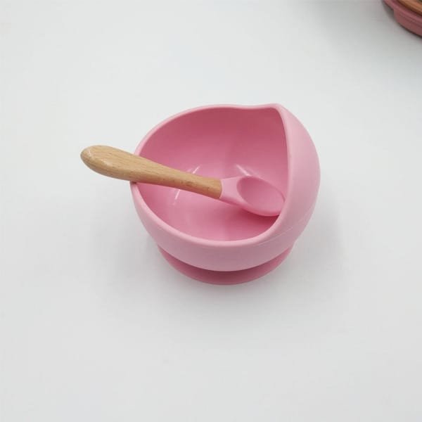 high-quality-food-graded-non-slip-baby-silicon-bowl-and-spoon-set-wood-suction-deep-pink