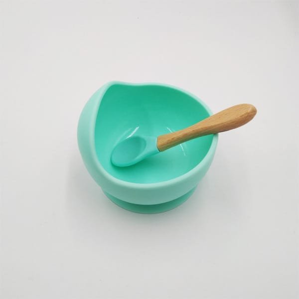 high-quality-food-graded-non-slip-baby-silicon-bowl-and-spoon-set-wood-suction-mint-green